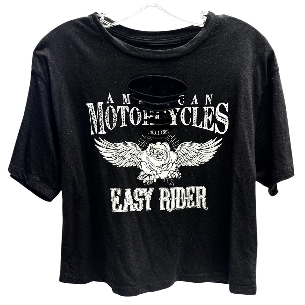 American Motorcycles Black Graphic Distressed  Crop Tee Size S